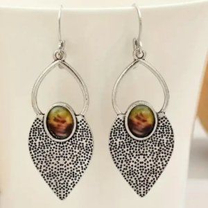 Big dangle drop earrings with stippled metal and faux Opal gemstone